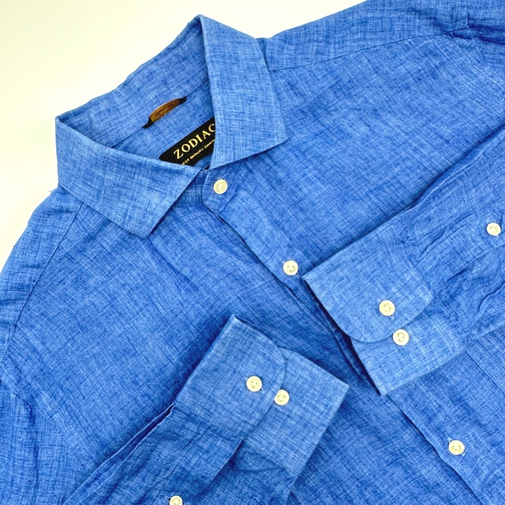 Zodiac Mens Blue Pure Linen Long Sleeve Button Down Classic Fit Shirt 40cm 15.75